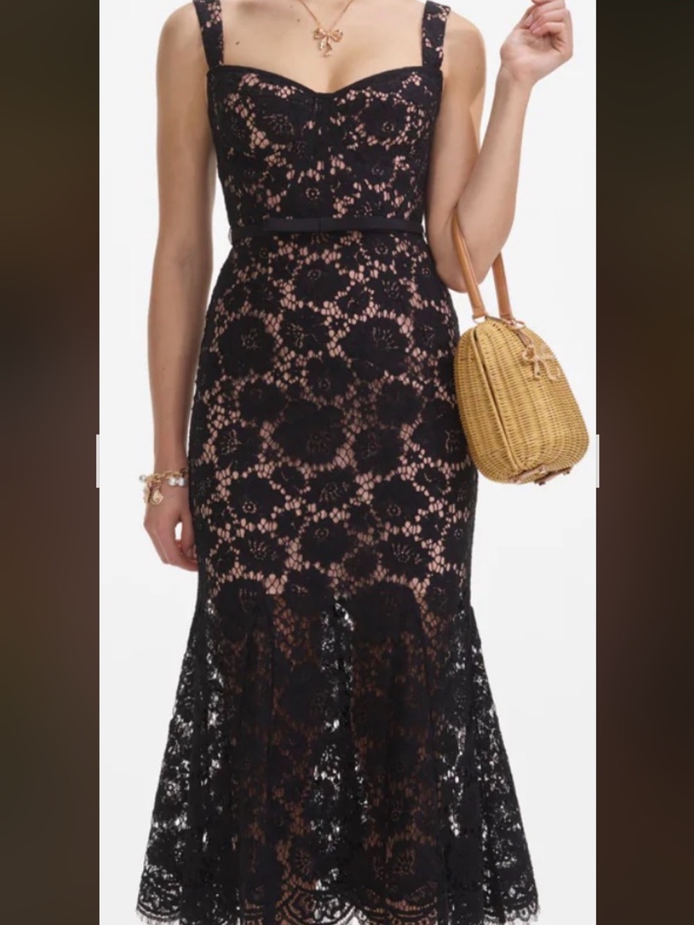 Self-Portrait Black Lace Midi Dress with Sweetheart Neckline